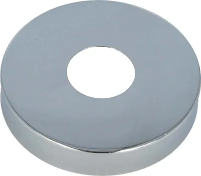 A chrome-plated brass escutcheon plate for a faucet.