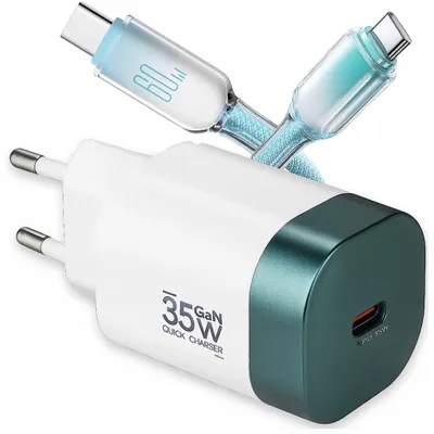 Zdjęcie produktu dla SZYBKA ŁADOWARKA DO TELEFONU SIECIOWA GaN 35W USB TYPE-C + KABEL USB-C 60W