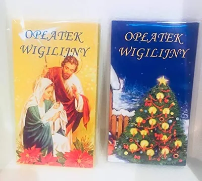 Two Christmas wafers (Oplatek Wigilijny) are shown side-by-side. The left wafer depicts the Nativity scene, and the right wafer features a decorated Christmas tree.