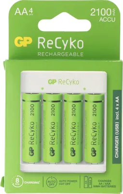 Produktbild von USB-Modell Ladegerät GP E411 inkl. 4x ReCyko 1,2V AA Mignon 2100 mAh Akkus