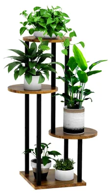 Produktbild von 4-stufiges Holz-Metall Blumenregal, mehrstöckiger Pflanzenständer für Innen und Außen