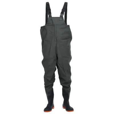 A pair of dark gray waders with black straps and orange soles.