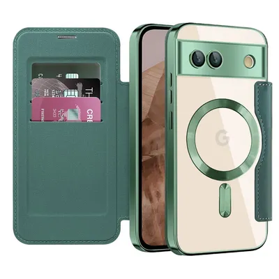 Obrázek produktu pro Pouzdro pro Google Pixel 8A kompatibilní s MagSafe, průhledné pouzdro s držákem karet, kožené pouzdro s ochranou kamery zelené