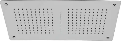 A silver, rectangular shower head with multiple small holes arranged in rows.
