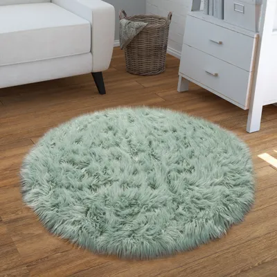 Produktbild von TT Home Wohnzimmer Hochflor Teppich Kunst-Fell Design Versch. Formen Unifarben, In Grün Größe 120 cm Rund