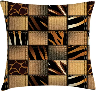 Produktbild von ABAKUHAUS Safari Kissenbezug, Jeans-Denim-Patchwork, Beidseitiges Digitaldruck mit Reißverschluß Farbfest Pflegeleicht und Waschbar, 60 x 60 cm, Braun und Schwarz