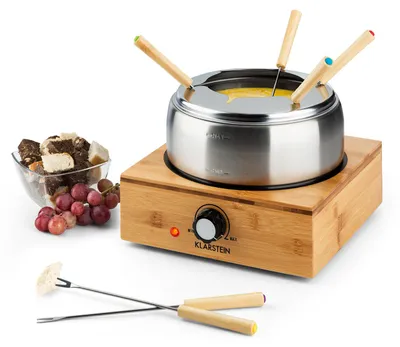 Produktbild von Klarstein Bambus Fondue, 800 Watt, Edelstahl-Topf, Gerätebasis aus Bambus, Füllmenge 1,3 Liter max., Heizplatte aus Edelstahl, Thermostat, Gabelhalter-Aufsatz, 6 Edelstahl-Fonduegabeln, bambus