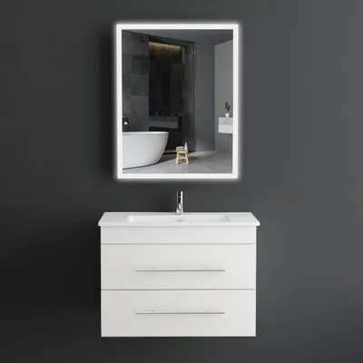 Produktbild von Alpenberger Waschbecken mit Unterschrank | Badezimmer Set 70 cm | Waschbecken mit Unterschrank und Spiegel | Badezimmerschrank mit Badspiegel | Badezimmerspiegel mit Touch-On-Off-Funktion | 2 Schubladen