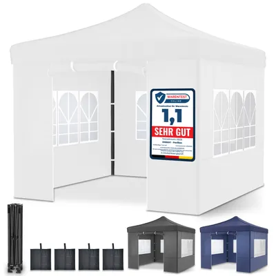 A white pop-up tent is shown with a rating badge on its side. Below are accessories and smaller versions of the tent in gray and blue.