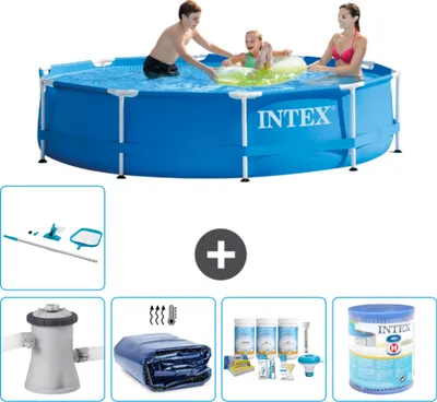 Produktbild von Intex Rundrahmen-Schwimmbecken – 305 x 76 cm – Blau – inklusive Pumpe Sonnensegel - Wartungspaket - Filter - Reinigungskit