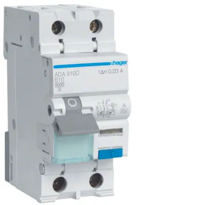 Produktbild von HAGER RCBO Fehlerstrom-/Leitungsschutzschalter 1P+N 6kA B10A 30mA Typ A ADA910D