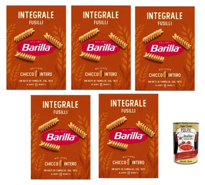 Produktbild von Barilla Integrale Fusilli – Vollkorn Hartweizennudeln – reich an Ballaststoffen, 100% Vollkorn – perfekte Spiralform für Saucen – Kochzeit al dente 11 Min – 5x [500 g] + Italian Gourmet polpa 400g