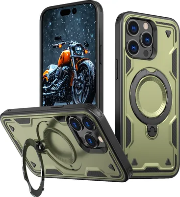 Produktbild von Dual Layer Hülle für iPhone 13 Pro Metall Ring Ständer Magnetisch Stoßfest Militär Handyhülle Grün