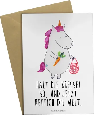 Produktbild von Mr. & Mrs. Panda Grußkarte Einhorn Gemüse - Weiß - Geschenk, einladungskarten, Beileidskarte, Unicorn, Einhörner, weihnachtskarten, hochzeitskarten, Grußkarten, Biomarkt