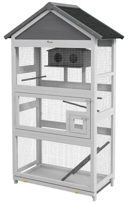 Produktbild von Vogelvoliere mit 3 Tš¹ren, Haus und Schale, Holz und Metall, 92 x 52 x 171 cm, Grau und Schwarz