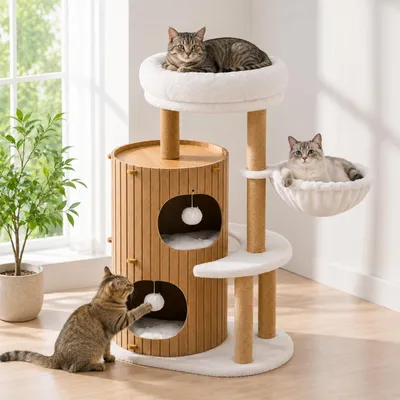 Imagen del producto de Árbol para gatos con un gran poste rascador, una cueva para gatos, una cama y 4 postes de sisal, ideal para varios gatos