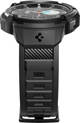 A close-up, angled view of a black smartwatch with a rugged design.
