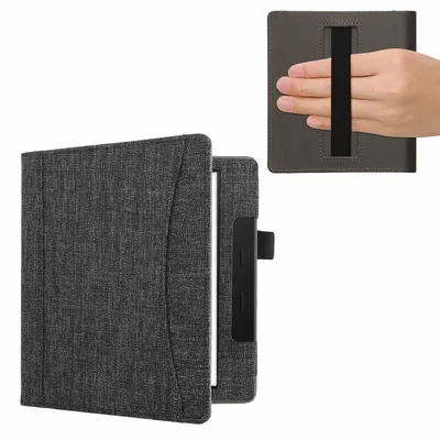 Produktbild von kwmobile Flip Hülle kompatibel mit Amazon Kindle Oasis 10. Generation - Vorderfach Handschlaufe - Dunkelgrau
