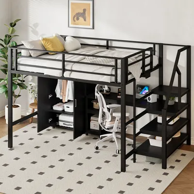 Produktbild von MODFU Hochbett Jugendbett Metallbett Doppelbett 140×200cm mit Kleiderschrank & Stauraumleiter Bettgestell mit Schreibtisch & Geländer ohne Matratze, Schwarz