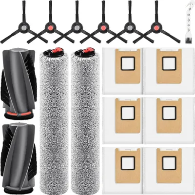 A collection of vacuum cleaner accessories, including brushes, rollers, and dust bags, arranged on a white background.