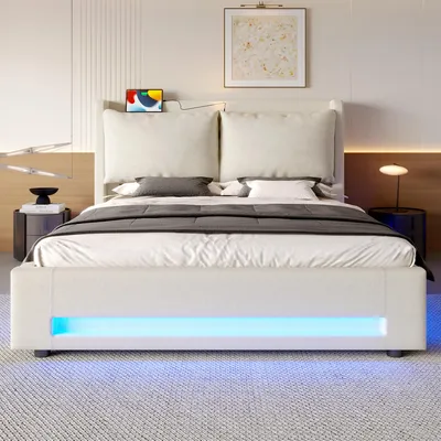 Produktbild von LVHOM Polsterbett 160x200cm mit LED und Nachtlicht, Doppelbett mit Lattenrost und USB, Hydraulisches Boxspringbett mit Stauraum, Jugendbett Samt,Beige