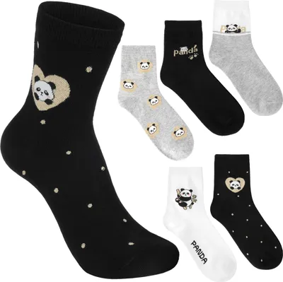 Produktbild von BRUBAKER 5 Paar Damen Socken 36-41 – Cute Panda – Weiche Kuschelsocken mit Bärenmotiv – Schwarz Grau Weiß