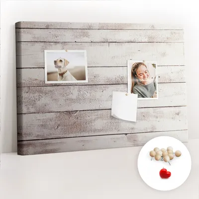 Imagen del producto de Tablero de corcho con chinchetas - Tablero con chinchetas para fotografías y notas - 60x40 cm - 100 chinchetas de madera - Diseño de tablas de madera