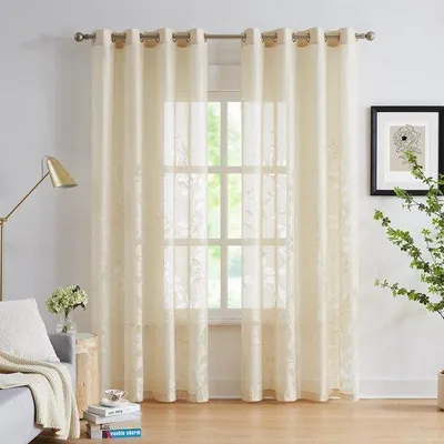 Immagine prodotto di Tende Unyqoos® in tessuto jacquard con pizzo, set da 2, semitrasparenti, color beige, 140x225 cm, motivo a foglie, con passanti, in poliestere – ideali per camere da letto e soggiorni
