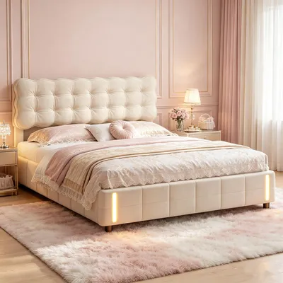 Image de Lit rembourré INONEFT 140x200 cm, lit à lattes avec sommier à ressorts, éclairage LED, espace de rangement hydraulique, lit pour adolescents, velours, beige