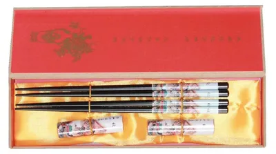 Produktbild von 003 Asia Essstäbchen Set mit Ablagebank Holz Geschenkbox 2 Pers schwarz