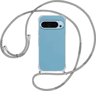 Produktbild von Handykette Backcover-Schutzhülle mit Band (Metall silberfarben) für Google Pixel 9 - weiß/grau kariert