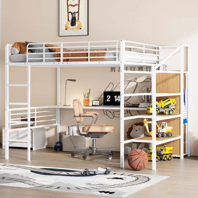 Immagine prodotto di Letto a soppalco AIORBER, 140x200 cm, con scaletta, scrivania, armadio a giorno, robusto, letto a castello, struttura in ferro, bianco