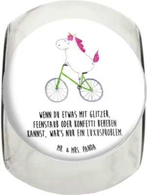 Produktbild von Mr. & Mrs. Panda Bonboniere Einhorn Radfahrer XL 2000ml - Weiß - Geschenk, Kaffeedose, Unicorn, Rad, Naschglas, Liebeskummer, Vorratsbehälter, Einhörner, glasbehälter