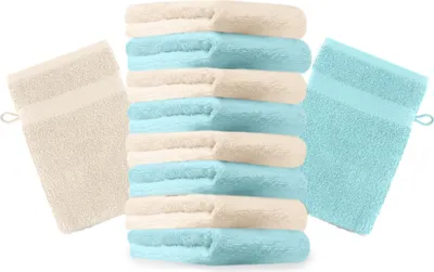 Produktbild von Betz 10 Stück Waschhandschuhe 16x21 cm PREMIUM 100% Baumwolle  Farbe:: beige und türkis