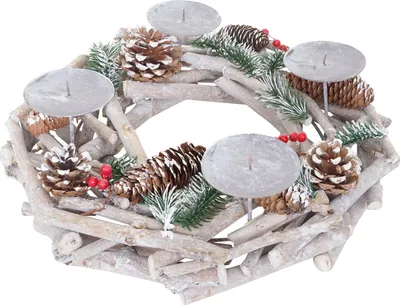 Produktbild von Adventskranz rund, Weihnachtsdeko Tischkranz, Holz Ø 35cm weiß-grau  ohne Kerzen