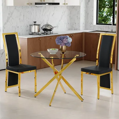 Image de Ensemble table et chaises, table ronde en verre de 88 cm avec piètement en croix + 2 chaises de salle à manger noires aux pieds dorés
