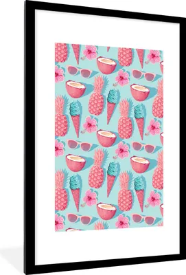 Produktbild von MuchoWow® Gerahmtes Poster Sommer - Rosa - Blau 60x90 cm - Poster mit Schwarzem Bilderrahmen Wandposter Rahmen Foto Bilder - Dekoration - Wandposter Wohnzimmer - Hochwertig