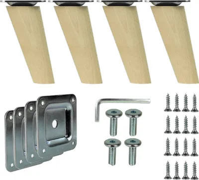 A set of four wooden furniture legs with mounting plates and screws, laid out on a white background.