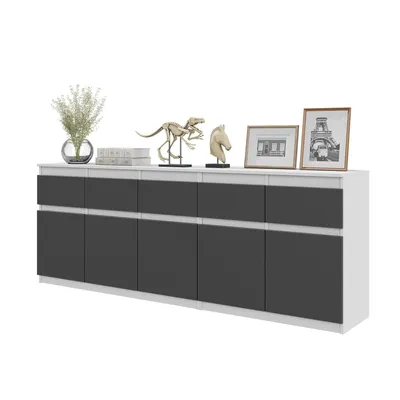 Obrázok produktu pre Komoda NOAH Biela Mat / Antracit – Veľká Komoda do Spálne s 5 Zásuvkami a 5 Dvierkami, Set Komôd Š200 x V75 x H35 cm