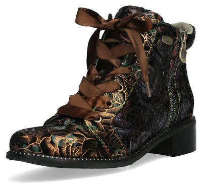 Produktbild von Laura Vita Damen Stiefelette mit floralem Muster und Satin-Schnürung Emcmao 02, Größe:37 EU, Farbe:Gold