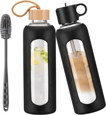 Obrázok produktu pre Sklenená fľaša na vodu 750 ml, 2 vrchnáky, silikónový obal, časová značka, pre šport