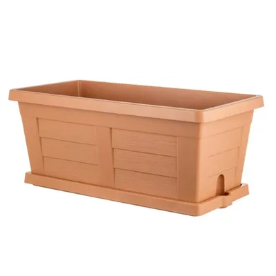 A rectangular planter box with a textured wood-like pattern, shown from a side-diagonal angle against a white background.