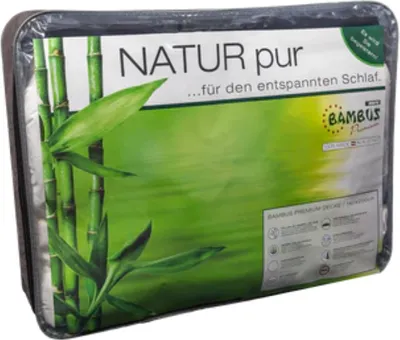The image shows the packaging of a Mape Bambus Premium Ganzjahresdecke, featuring a bamboo motif and product information.