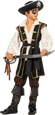 A young boy dressed in a pirate costume, holding a sword.