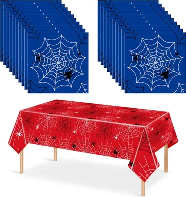 Immagine prodotto di Tovaglia rossa, 180x108 cm, 20 tovaglioli rossi/blu, decorazioni per feste di compleanno