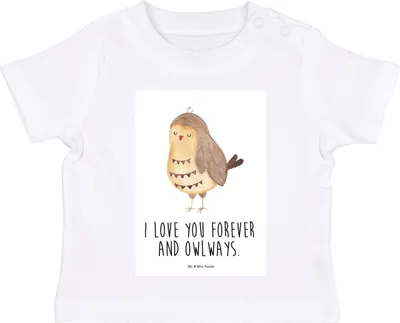 Produktbild von Mr. & Mrs. Panda Organic Baby Shirt Eule Zufrieden 12. - 18. Monat - Weiß - Geschenk, Kinder Oberteil, Hochzeitstag,  T-Shirt, Liebe Spruch, Liebesspruch, Owl