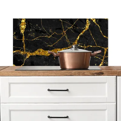 Produktbild von KitchenYeah®  Spritzschutz Küche - Küchenrückwand - Wandschutz für Herd und Spüle - Marmor - Gold - Schwarz - Marmoroptik - Luxus - Glitzer 90x45 - Alu-Dibond (Alternative zum Spritzschutz aus Glas) -
