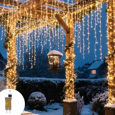 Productafbeelding van XMTECH LED Gordijn met "ijseffect", 30 meter, 1200 LED's, warm wit licht, voor buiten, winterverlichting