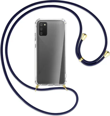 Produktbild von Handykette Backcover-Schutzhülle mit Band (Metall goldfarben) für Samsung Galaxy A02s - dunkelblau