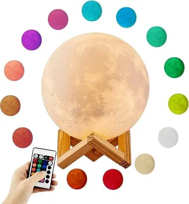 Produktbild von Uniq 3D LED Mondlampe 15 cm - Wiederaufladbares Nachtlicht mit Holzständer und Fernbedienung